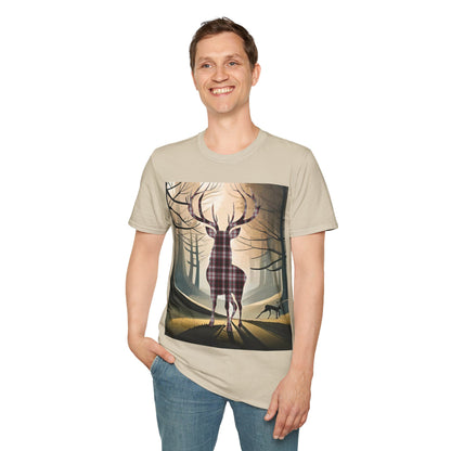 Stag Tartan Silhouette Softstyle T-Shirt - MacPherson Tartan, Unisex Tee, Scottish Scenery, Various Colours