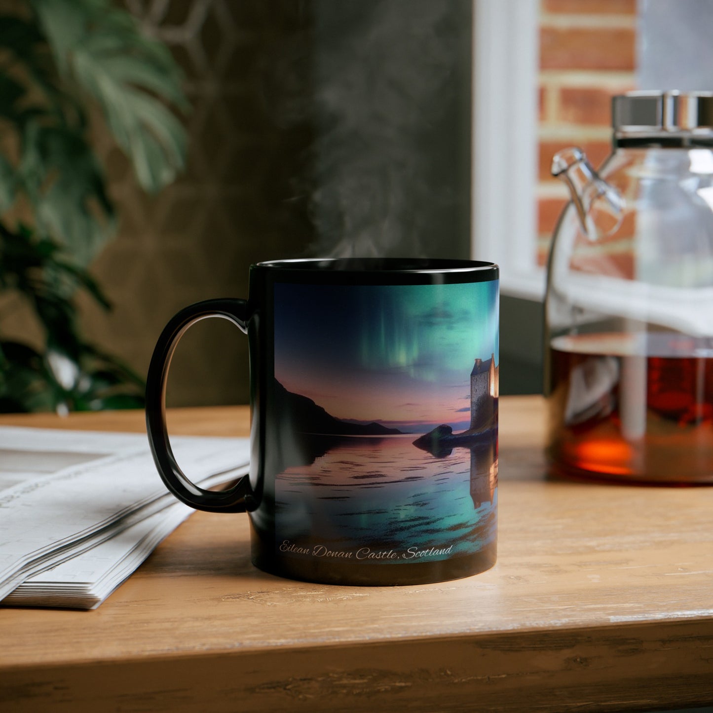 Eilean Donan Castle Northern Lights Mug, Coffee Cup, Tea Cup, Scottish Art, Scottish Landmarks, Scottish Nature, Black