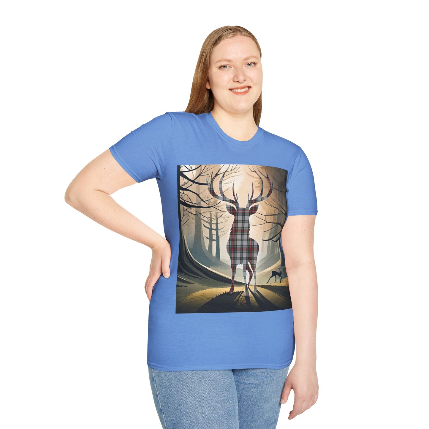 Stag Tartan Silhouette Softstyle T-Shirt - Stewart Dress Tartan, Unisex Tee, Scottish Scenery, Various Colours