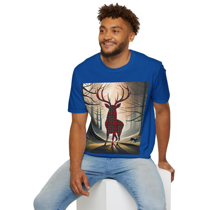 Stag Tartan Silhouette Softstyle T-Shirt - Stewart Royal Tartan, Unisex Tee, Scottish Scenery, Various Colours