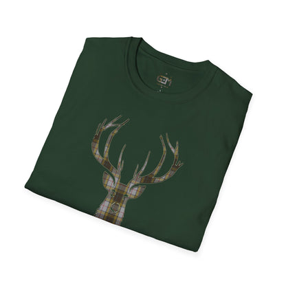 Tartan Stag Softstyle T-Shirt - Buchanan Tartan, Unisex Tee, Scottish Scenery, Various Colours