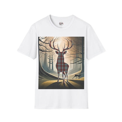 Stag Tartan Silhouette Softstyle T-Shirt - Stewart Tartan, Unisex Tee, Scottish Scenery, Various Colours