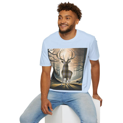 Stag Tartan Silhouette Softstyle T-Shirt - Buchanan Tartan, Unisex Tee, Scottish Scenery, Various Colours