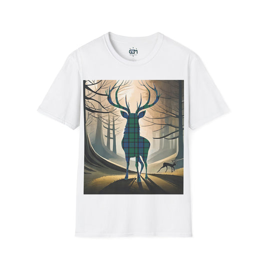 Stag Tartan Silhouette Softstyle T-Shirt - Flower of Scotland Tartan, Unisex Tee, Scottish Scenery, Various Colours