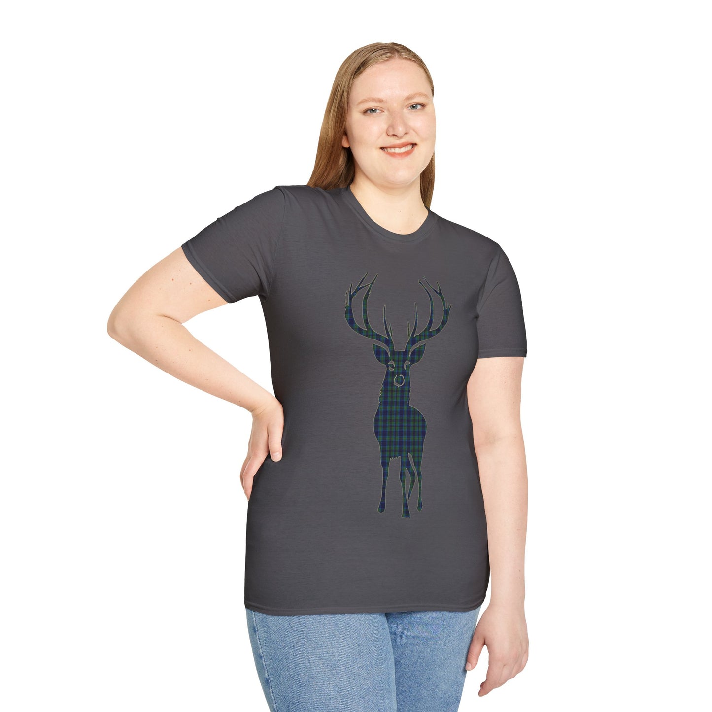 Tartan Stag Softstyle T-Shirt - Miller Tartan, Unisex Tee, Scottish Scenery, Various Colours