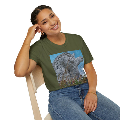 Scottish Kelpies with Meadow Photo Softstyle Unisex T-Shirt, Scotland Tee