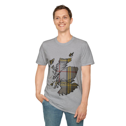 Scotland Tartan Map Softstyle Unisex T-Shirt, Buchanan Dress Tartan, Various Colours