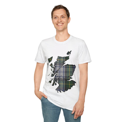 Scotland Tartan Map Softstyle Unisex T-Shirt, Gordon Dress Tartan, Various Colours