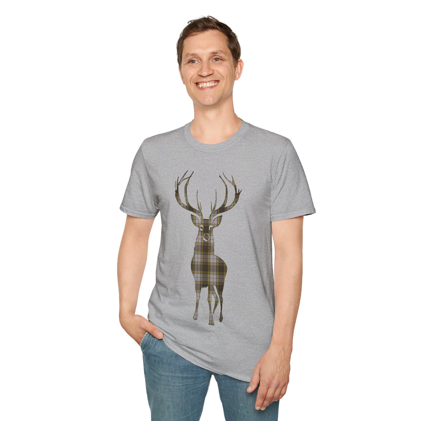 Tartan Stag Softstyle T-Shirt - Buchanan Tartan, Unisex Tee, Scottish Scenery, Various Colours