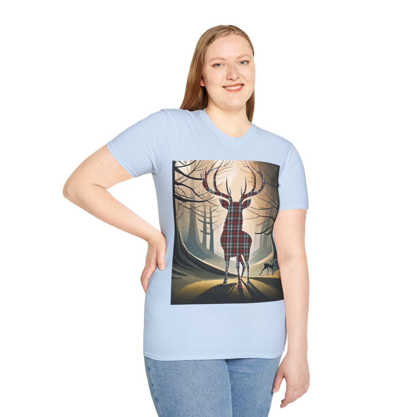 Stag Tartan Silhouette Softstyle T-Shirt - Stewart Tartan, Unisex Tee, Scottish Scenery, Various Colours