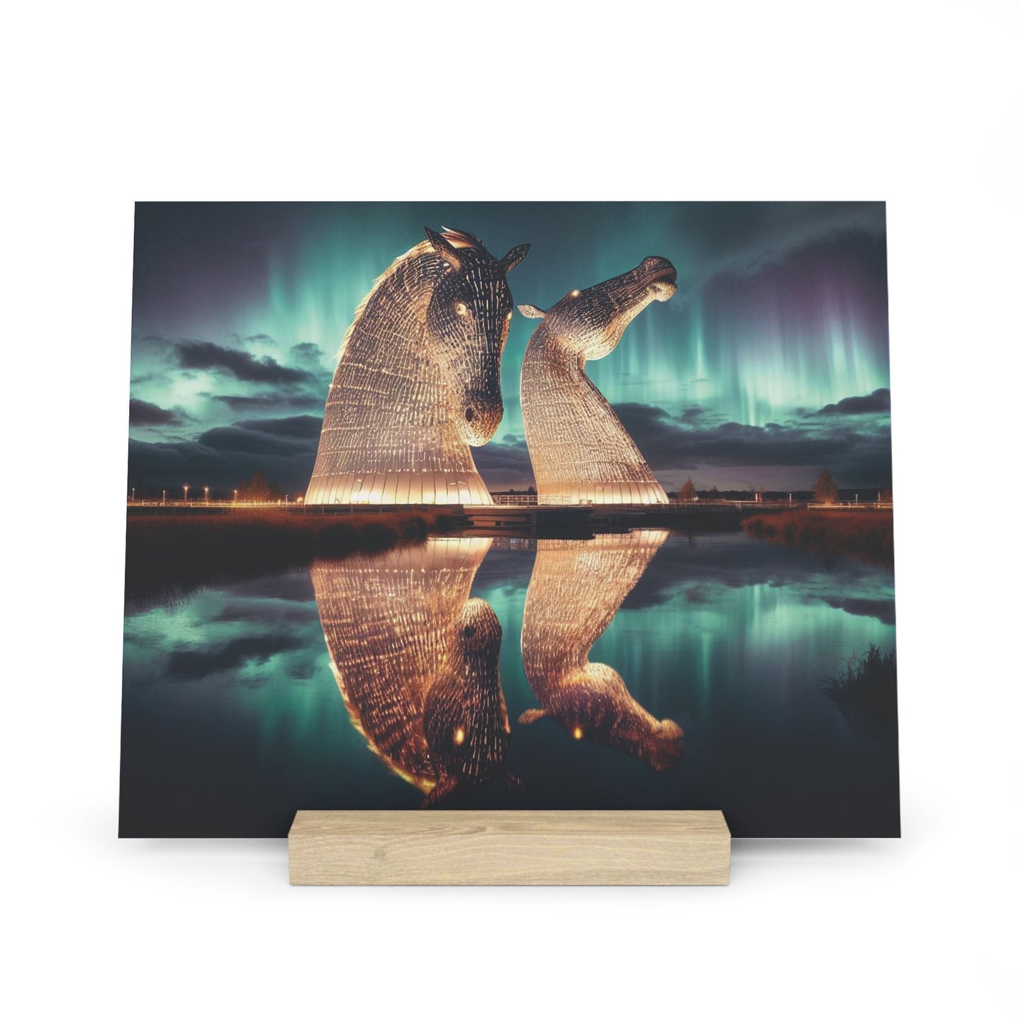 Kelpies Northern Lights Gallery Stand, Oak Picture Stand, Scotland Art, Scenery, Landmarks, Various Sizes