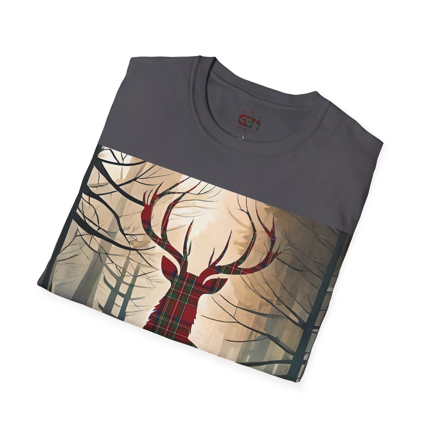 Stag Tartan Silhouette Softstyle T-Shirt - Stewart Royal Tartan, Unisex Tee, Scottish Scenery, Various Colours