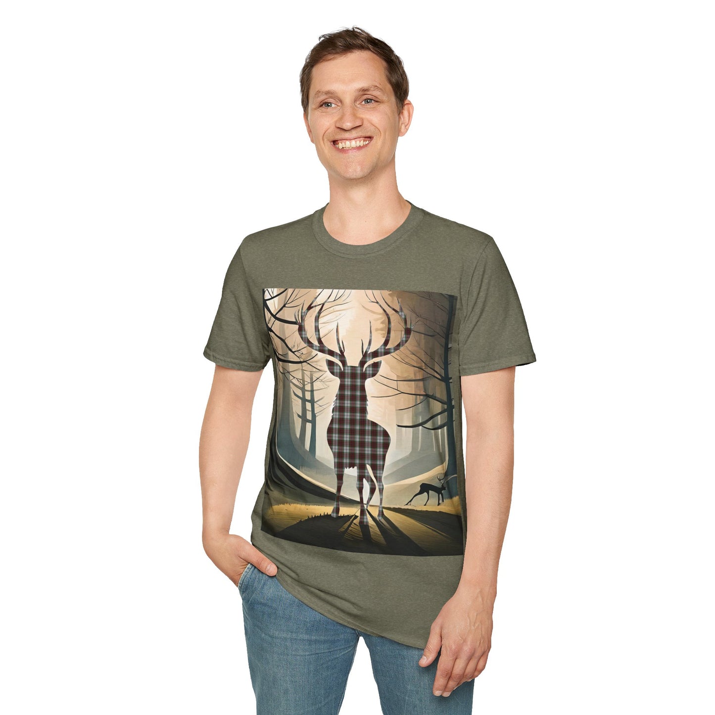 Stag Tartan Silhouette Softstyle T-Shirt - Fraser Tartan, Unisex Tee, Scottish Scenery, Various Colours