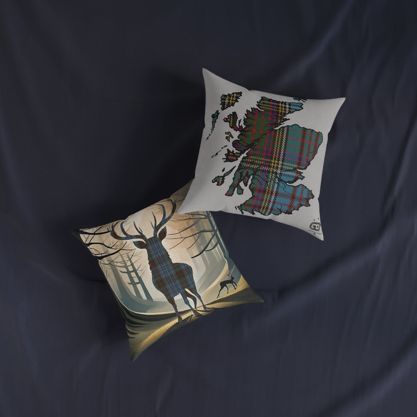 Reversible Square Cushion : Stag / Scotland Map - Anderson Tartan, Various Sizes