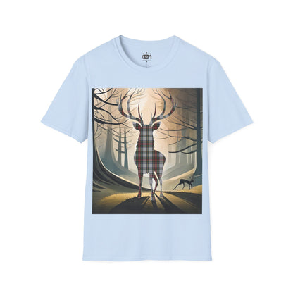 Stag Tartan Silhouette Softstyle T-Shirt - Stewart Dress Tartan, Unisex Tee, Scottish Scenery, Various Colours