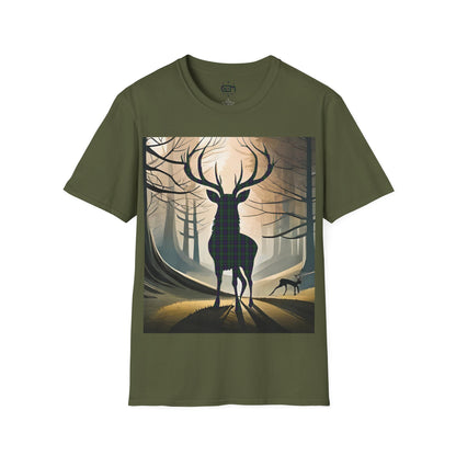 Stag Tartan Silhouette Softstyle T-Shirt - Argyle Tartan, Unisex Tee, Scottish Scenery, Various Colours