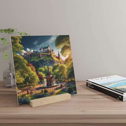 Summer Collection Gallery Stand Edinburgh Castle with Ross Fountain, Oak Picture Stand, Scotland Art, Scenery, Landmarks, Various Sizes