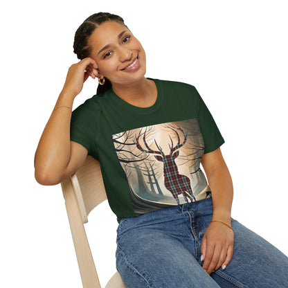 Stag Tartan Silhouette Softstyle T-Shirt - Stewart Tartan, Unisex Tee, Scottish Scenery, Various Colours