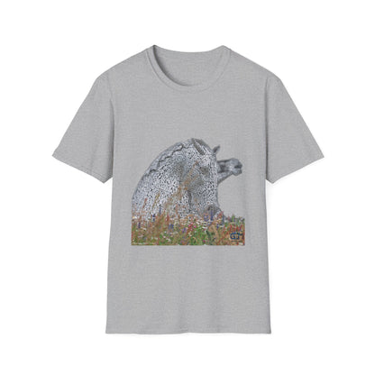 Scottish Kelpies with Meadow No Sky Photo Softstyle Unisex T-Shirt, Scotland Tee