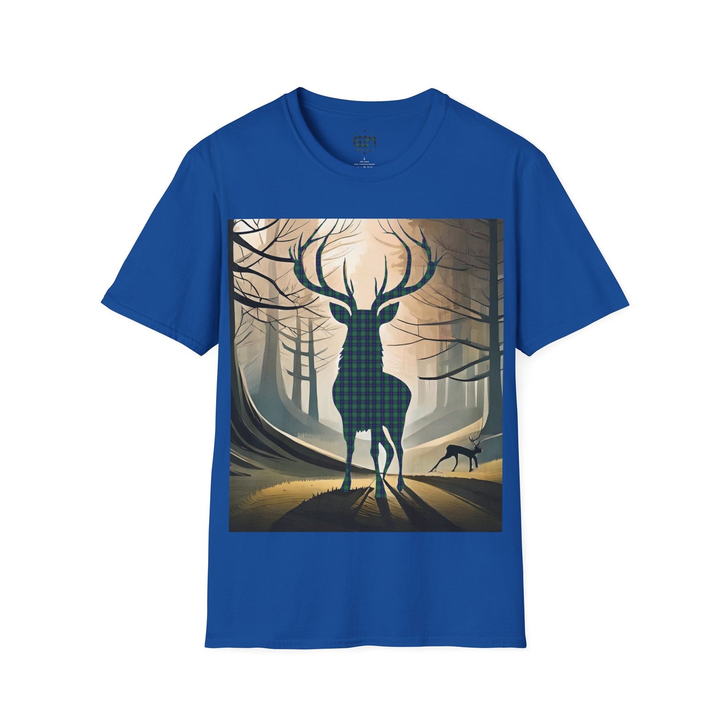 Stag Tartan Silhouette Softstyle T-Shirt - Douglas Tartan, Unisex Tee, Scottish Scenery, Various Colours