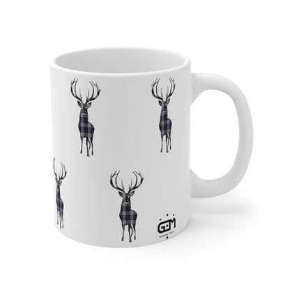 Tartan Stag Mug - Argyle Dress Tartan, Coffee Cup, Tea Cup, Scotland, White