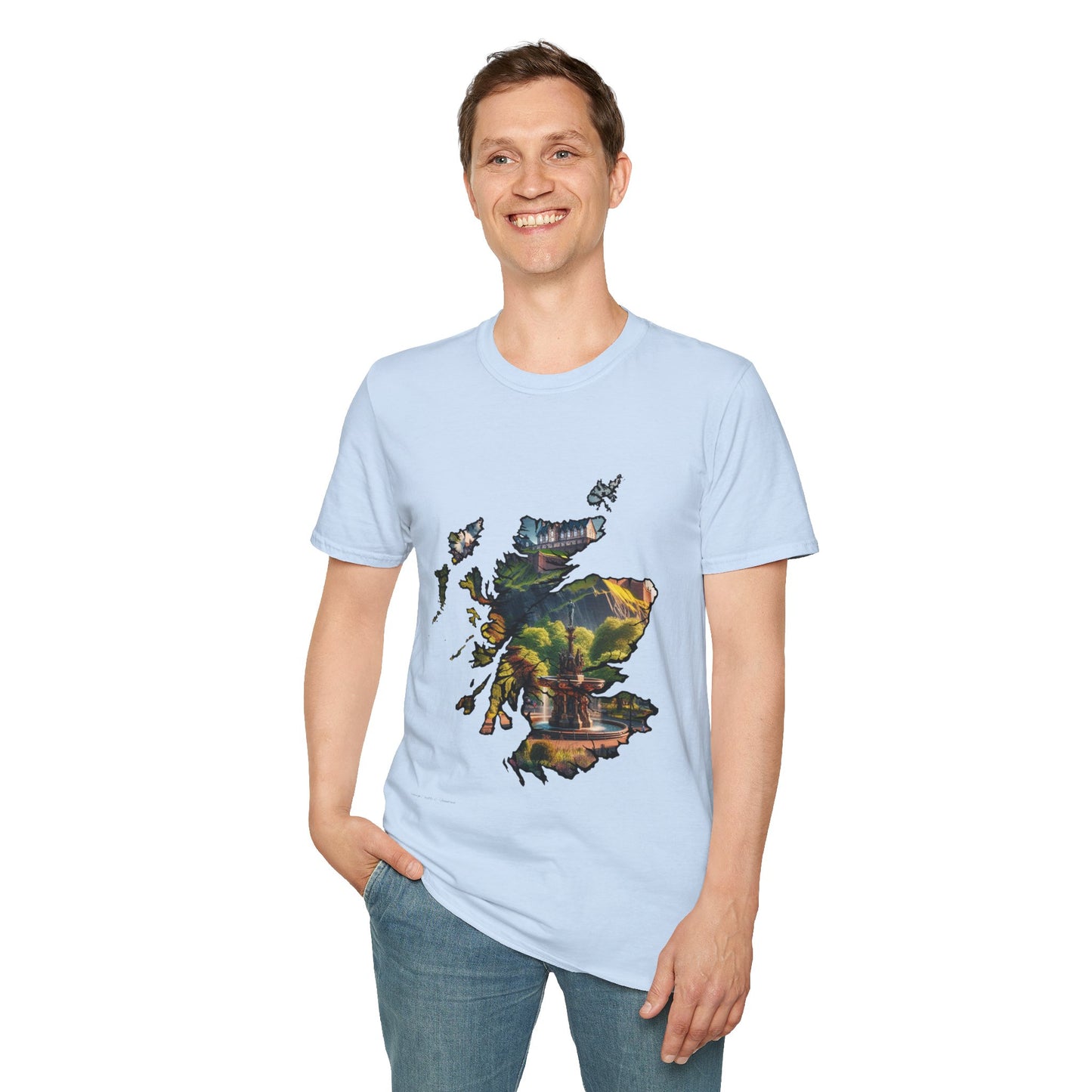 Edinburgh Castle with Fountain Scotland Map Softstyle Unisex T-Shirt, Scotland Shirt, Scottish Landmark Tee