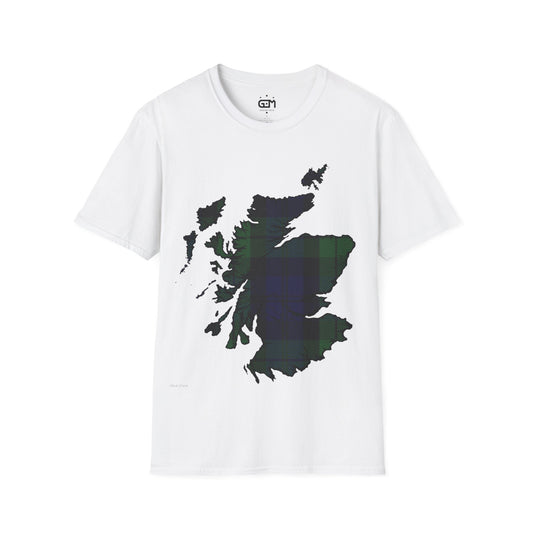 Scotland Tartan Map Softstyle Unisex T-Shirt, Black Watch Tartan, Various Colours