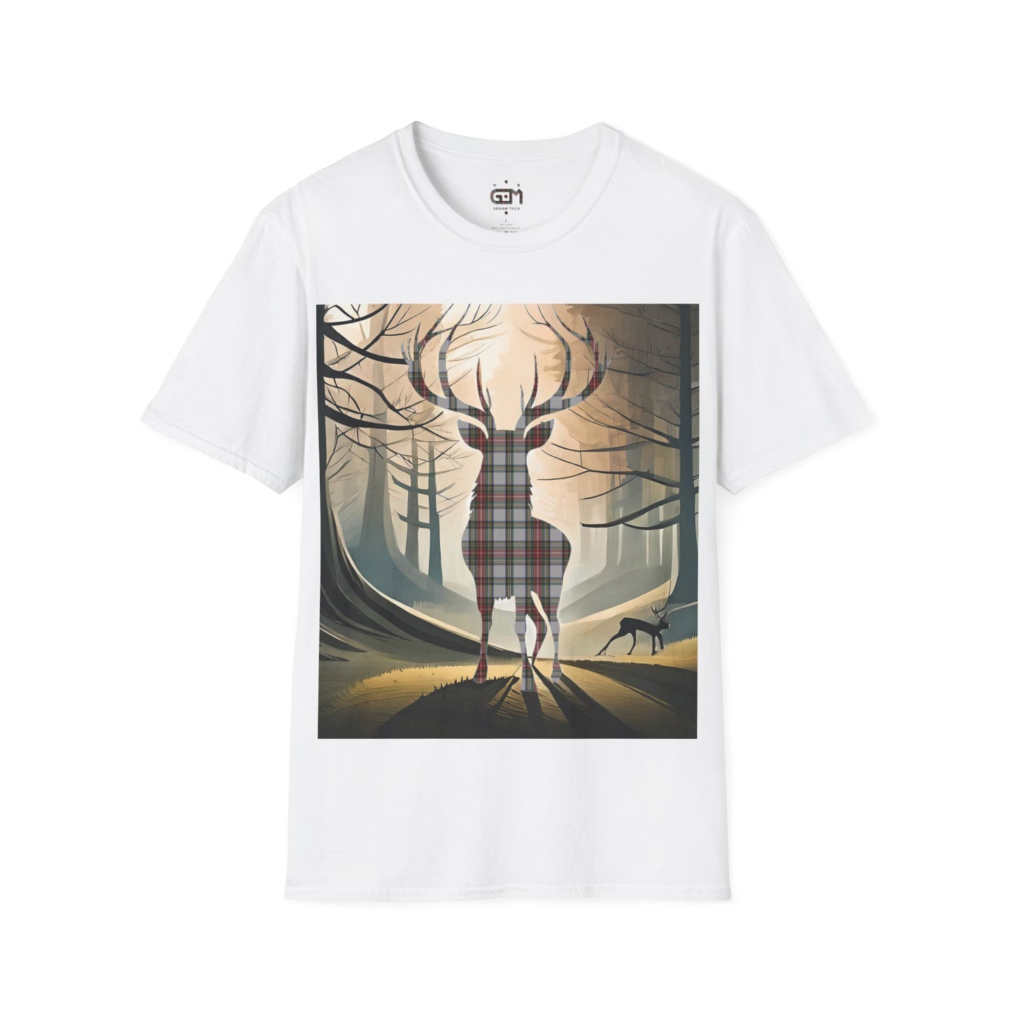 Stag Tartan Silhouette Softstyle T-Shirt - Stewart Dress Tartan, Unisex Tee, Scottish Scenery, Various Colours