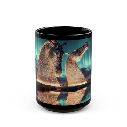 Kelpies Northern Lights Mug, Coffee Cup, Tea Cup, Scottish Art, Scottish Landmarks, Scottish Nature, Black