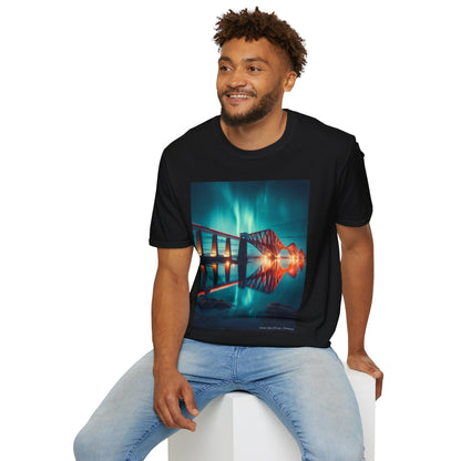 Forth Rail Bridge with Northern Lights Softstyle Unisex T-Shirt, Scotland Tee