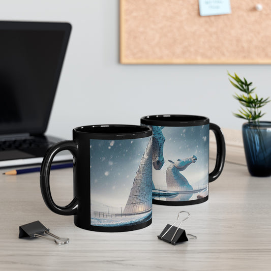 Kelpies in Winter Mug, Coffee Cup, Tea Cup, Scottish Art, Scottish Landmarks, Scottish Nature, Black