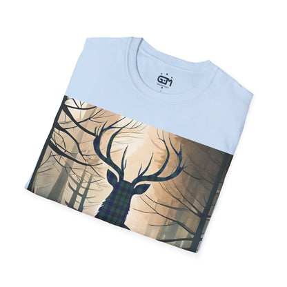 Stag Tartan Silhouette Softstyle T-Shirt - Miller Tartan, Unisex Tee, Scottish Scenery, Various Colours