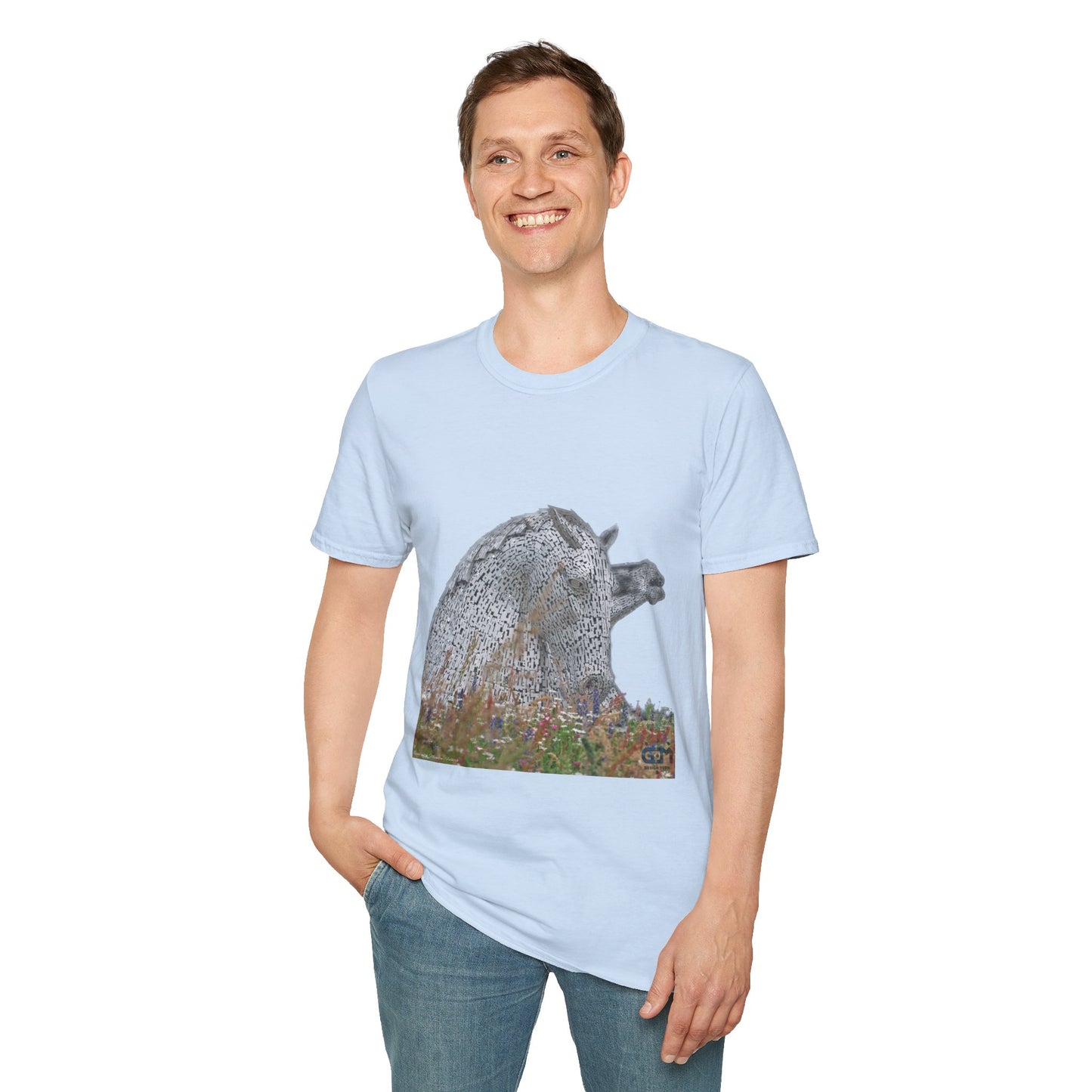 Scottish Kelpies with Meadow No Sky Photo Softstyle Unisex T-Shirt, Scotland Tee