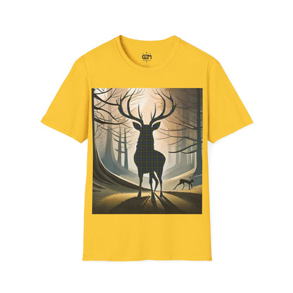 Stag Tartan Silhouette Softstyle T-Shirt - Gordon Tartan, Unisex Tee, Scottish Scenery, Various Colours