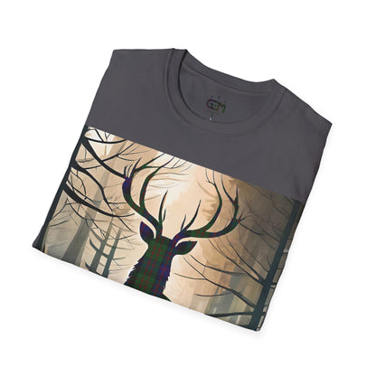 Stag Tartan Silhouette Softstyle T-Shirt - MacDonald Tartan, Unisex Tee, Scottish Scenery, Various Colours