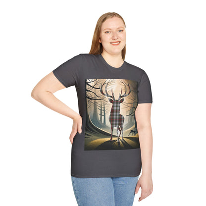 Stag Tartan Silhouette Softstyle T-Shirt - Stewart Dress Tartan, Unisex Tee, Scottish Scenery, Various Colours