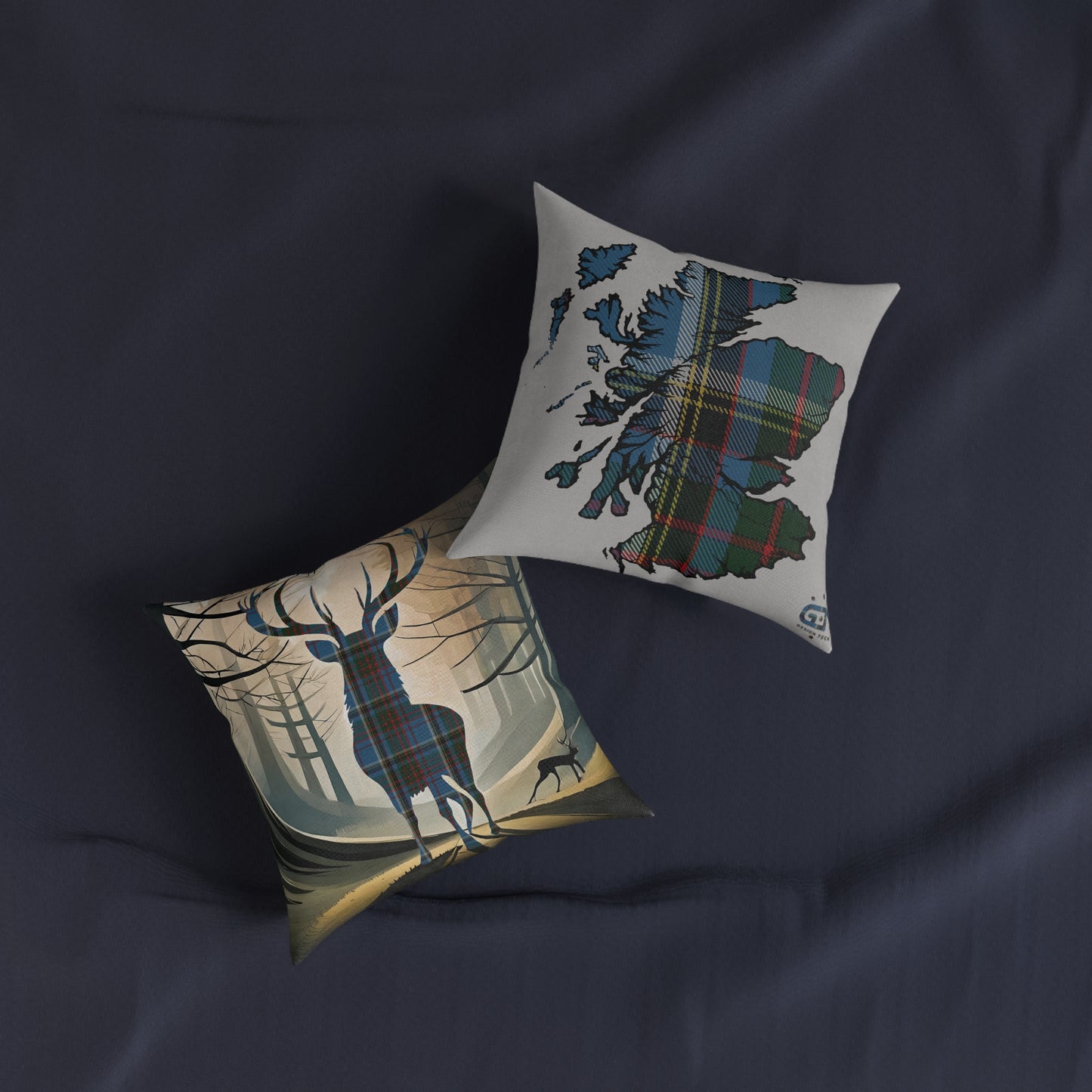 Reversible Square Cushion : Stag / Scotland Map - Anderson Old Tartan, Various Sizes