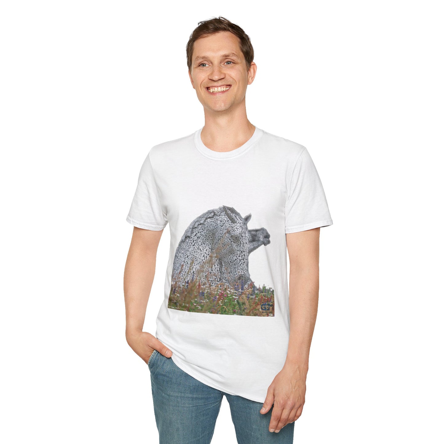 Scottish Kelpies with Meadow No Sky Photo Softstyle Unisex T-Shirt, Scotland Tee