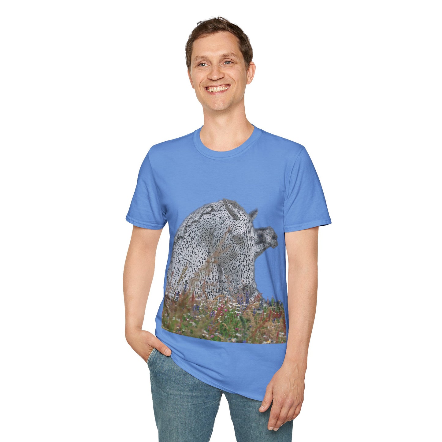 Kelpies with Meadow No Sky Photo Softstyle T-Shirt, Unisex Tee, Scottish Landmarks, Various Colours