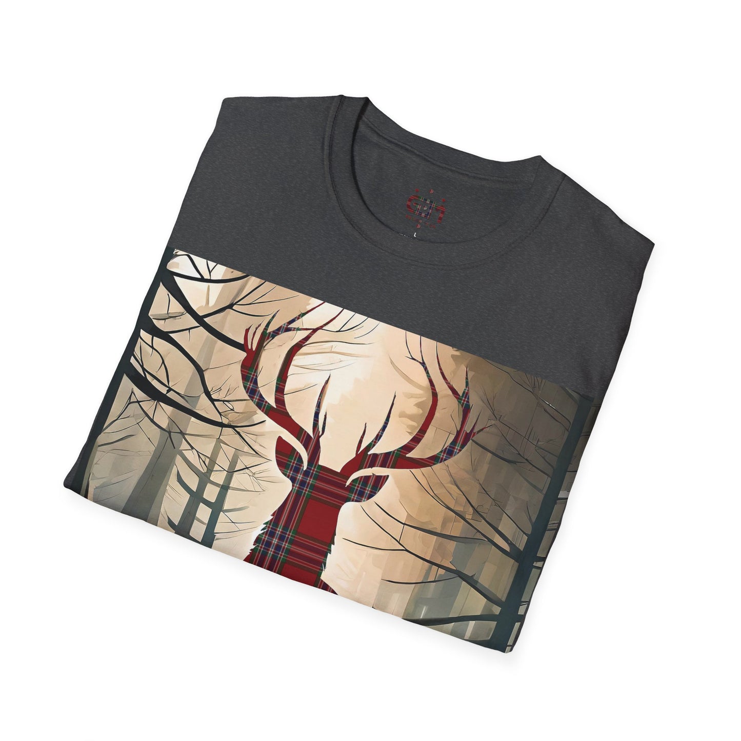 Stag Tartan Silhouette Softstyle T-Shirt - MacFarlane Tartan, Unisex Tee, Scottish Scenery, Various Colours