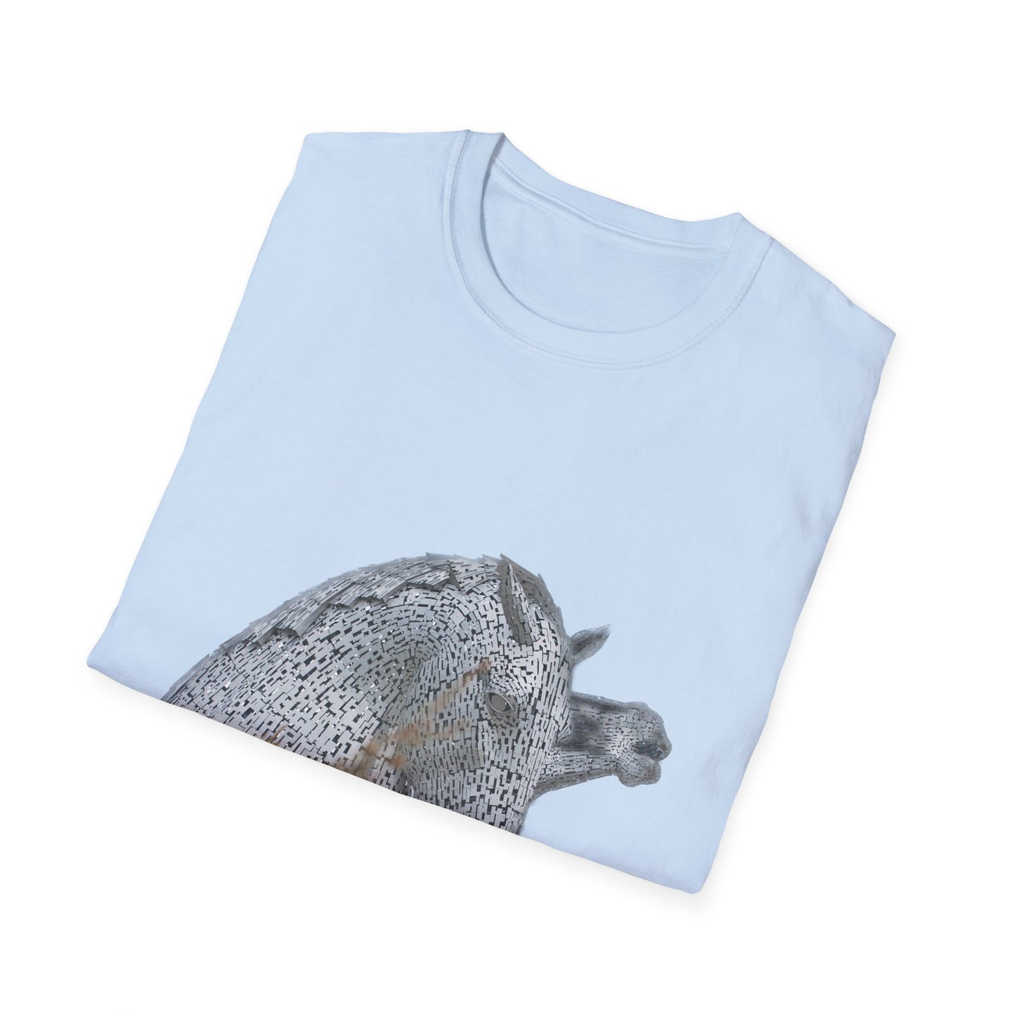 Scottish Kelpies with Meadow No Sky Photo Softstyle Unisex T-Shirt, Scotland Tee