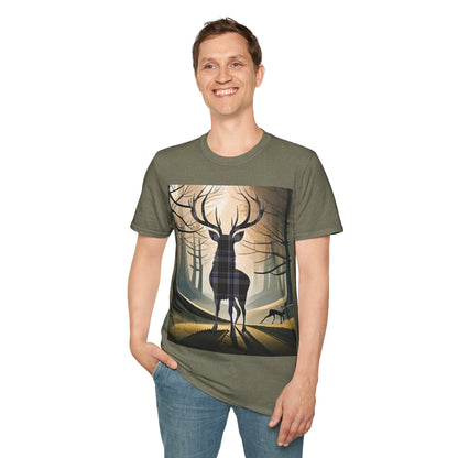 Stag Tartan Silhouette Softstyle T-Shirt - Hood Tartan, Unisex Tee, Scottish Scenery, Various Colours