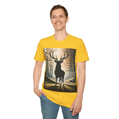 Stag Tartan Silhouette Softstyle T-Shirt - Argyle Tartan, Unisex Tee, Scottish Scenery, Various Colours