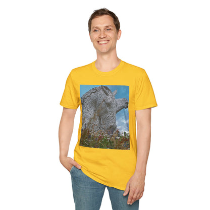 Scottish Kelpies with Meadow Photo Softstyle Unisex T-Shirt, Scotland Tee