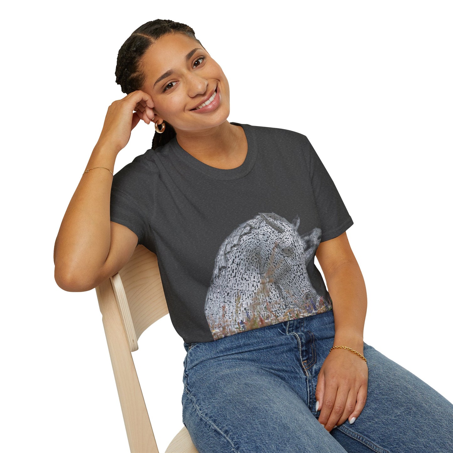 Kelpies with Meadow No Sky Photo Softstyle T-Shirt, Unisex Tee, Scottish Landmarks, Various Colours