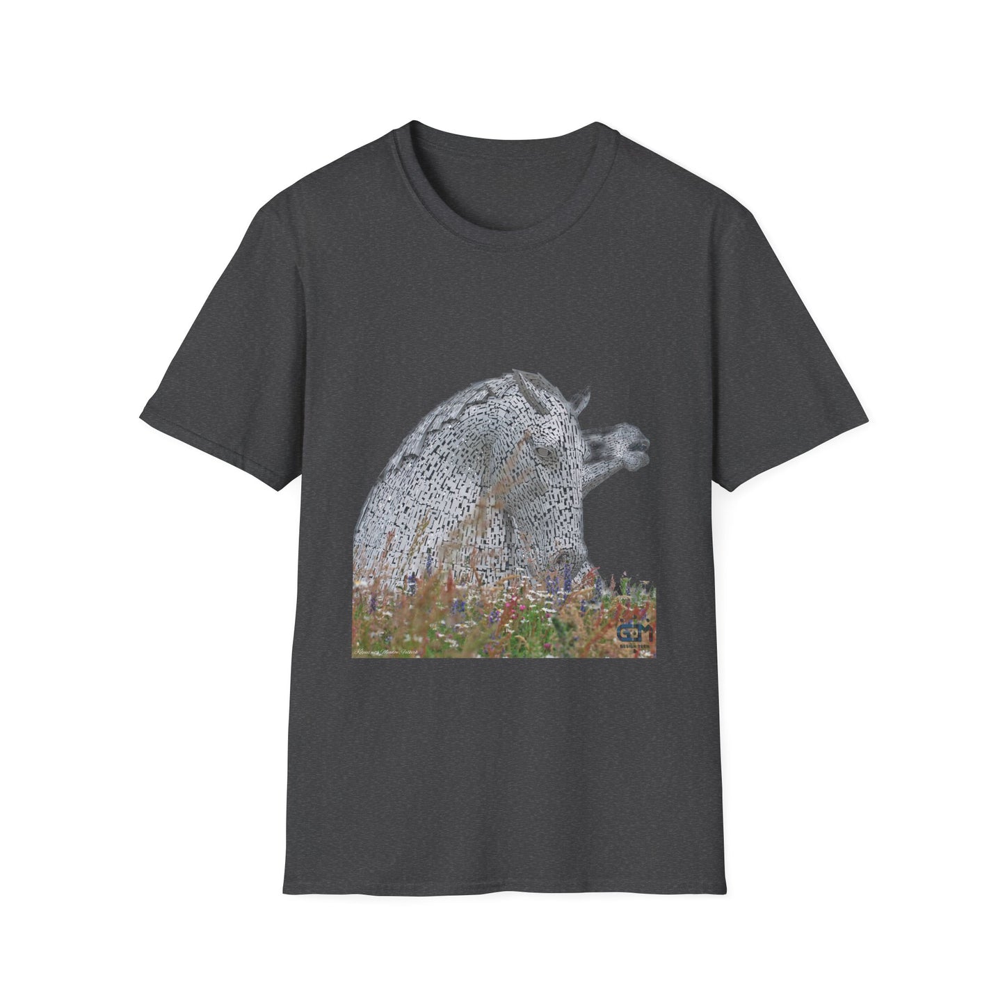 Scottish Kelpies with Meadow No Sky Photo Softstyle Unisex T-Shirt, Scotland Tee