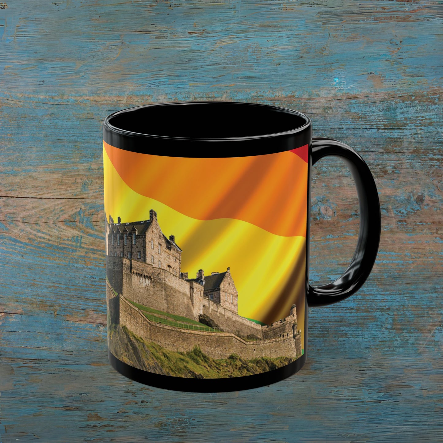 Edinburgh Castle Pride Flag Sky Photo Mug, Black