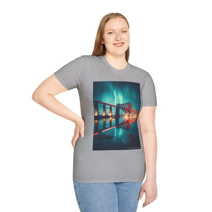 Forth Rail Bridge with Northern Lights Softstyle Unisex T-Shirt, Scotland Tee