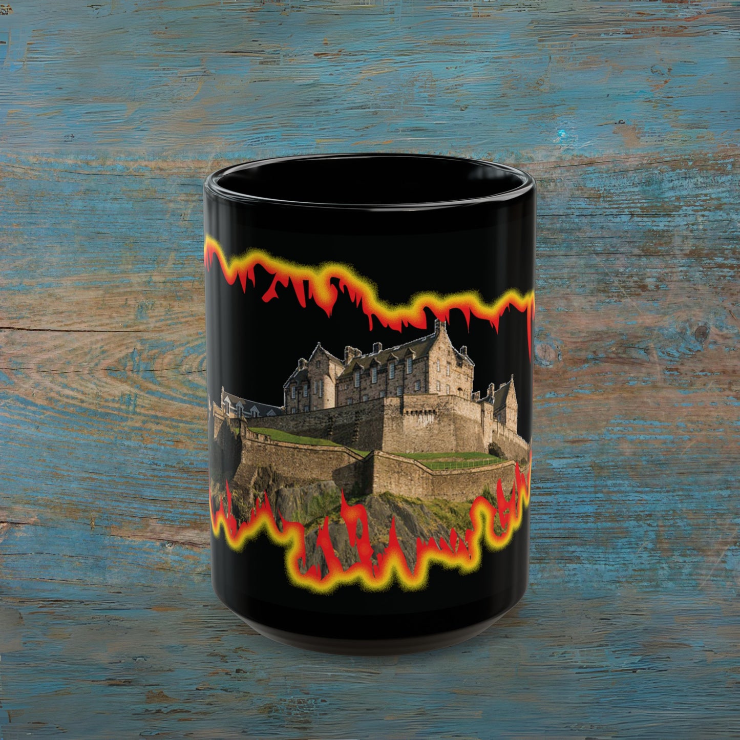 Edinburgh Castle Fire Effect Photo Mug, Black