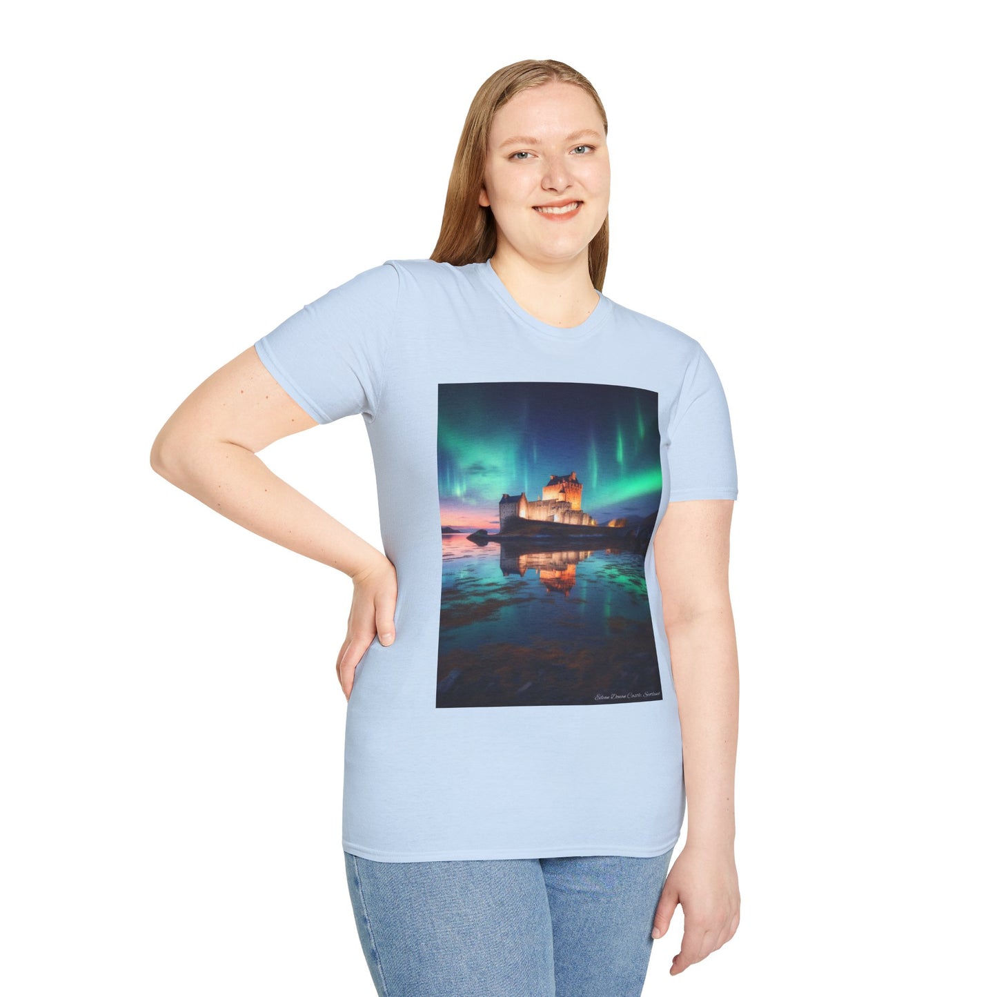 Eilean Donan Castle with Northern Lights Softstyle Unisex T-Shirt, Scotland Tee